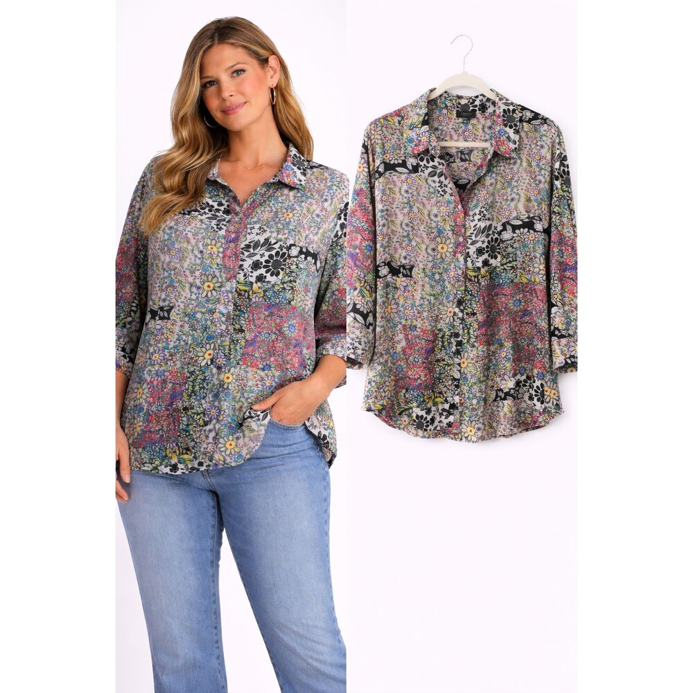 Jones NY Patchwork Paisley Blouse Top Size 3X Button Front 3/4 Sleeve